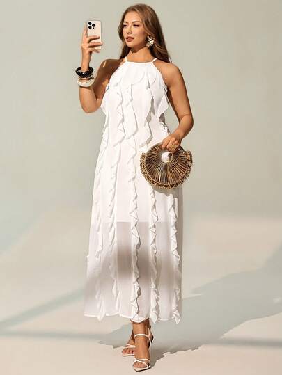 Auralis Plus Size Solid Color Ruffle Trim Backless Sleeveless Dress Wedding Dress For Women