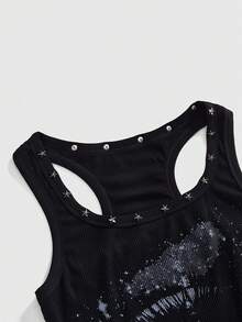 ROMWE Avant Women's Retro Baddie Unisex Streetwear Starry Sky & Rivet Print Tank Top - Black - View 3
