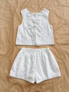 SHEIN WYWH Women's Vacation Casual Loose Backless Textured Fabric A-Line Tank Top, Elastic Waist Relaxed Shorts With Pockets, Suitable For Beach & Seaside - White - View 2