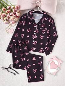 Genkimix Kids School Girl Pajamas Set For Tween GirlsBlack With Cherry & Heart Print Long Pants And Cardigan, Long Sleeve Casual 2-Piece Loungewear - Black - View 4