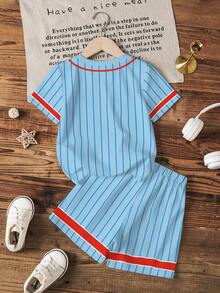 SpongeBob SquarePants | SHEIN 男童夏季休闲条纹卡通印花T恤和短裤套装 - 白色 - 查看 2