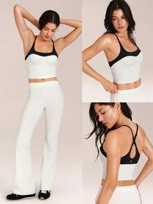 GLOWMODE FeatherFit™ Energizer Slim Fit Color Contrast Crossover Straps Low Neckline Removable Cups Cropped Active Tank Yoga Pilates - White - View 8
