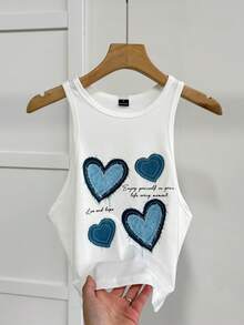 Tseoso Casual Simple Denim Heart Graphic Print Round Neck Slim Fit Women Tank Top, Suitable For Summer Retro Back To School - White - View 6