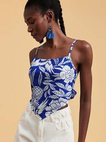 SHEIN TRVLCHIC Women's Casual Asymmetric Hem Pineapple Print Camisole Top,Summer Top - Blue and White - View 4