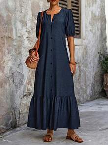 Breezaya Women's Denim Effect Fabric Open Front Split Hem Design Elegant Minimalist Blue Long Sleeve Dress - Blue - View 6