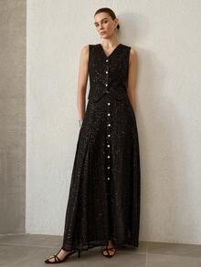 MOTF PREMIUM CONTRAST SEQUIN BUTTON UP WAISTCOAT - Black - View 4