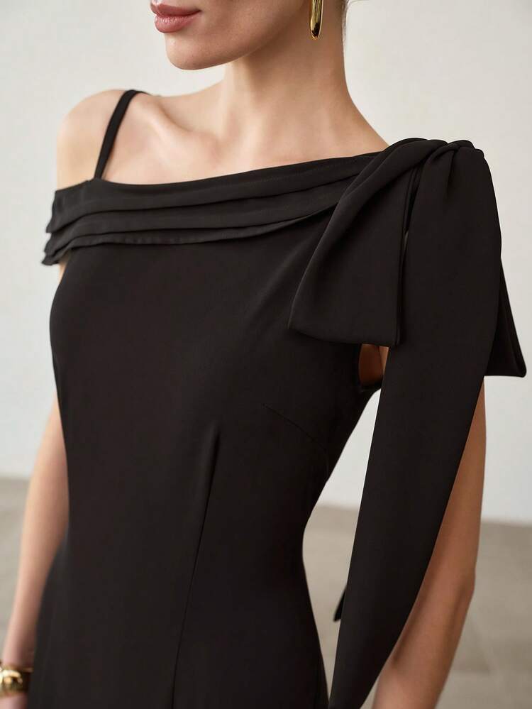 ELEGANT ASYMMETRICAL NECK BLACK LONG DRESS