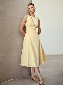 MOTF PREMIUM SOLID SLEEVELESS SLANT POCKET DRESS - Yellow - View 1