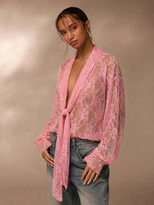 SHEIN Glamour Sheer Lace Blouse, Vacation,Beach Pink Romantic Long Sleeve Top Spring Boho - Pink - View 7