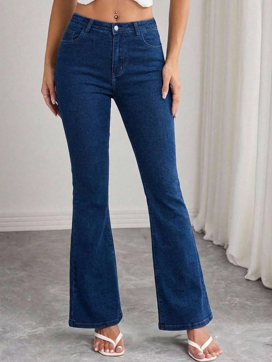 SHEIN Tall 女士高腰口袋休闲百搭喇叭牛仔裤 - 中等水洗藍 - 查看 1