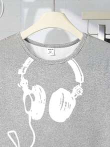 Tween Boys 2 Pieces Pajama Set, Gray Headphone Print Knit Crew Neck Top And Plaid Print Pants, Casual Comfortable Loose Fit Summer Sleepwear - Grey - View 4