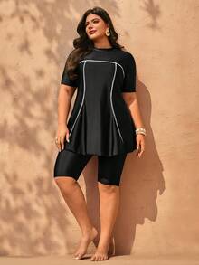 Swim Mulvari Plus Size Women 2pcs Solid Color Patchwork Contrast Trim Loose Fit Crop Top & Shorts Modest Swimwear Set - Black - View 3