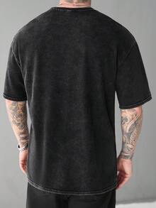 SLATEMANN 男士街头风-INS风水洗面料深色字母印花T恤，适合音乐节、夜店、男友/老公礼物、周年纪念礼物 - 黑色 - 查看 2