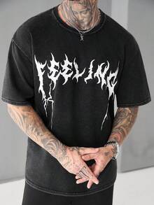 SLATEMANN 男士街头风-INS风水洗面料深色字母印花T恤，适合音乐节、夜店、男友/老公礼物、周年纪念礼物 - 黑色 - 查看 5