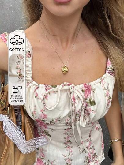 Livesso Women's Square Neck Sleeveless Floral Tie-Up Casual Pleated Lace Patchwork Tank Top