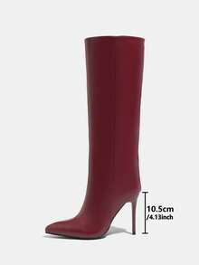 Daringsoles 女士尖头性感过膝长靴，侧拉链，PU皮革，秋冬季，派对/假日 - 酒紅色 - 查看 2