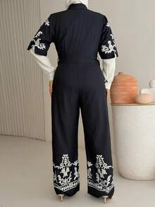 Dazy Plus Plus Size Women V-Neck Patterned Print Lace-Up Long Jumpsuit, Suitable For Commuting, Spring/Summer Romper - Navy Blue - View 7
