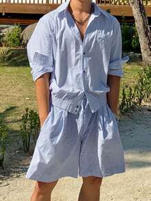 DAZY 蓝色条纹长袖上衣搭配短裤和男士外套，春夏穿搭 - 藍色 - 查看 3