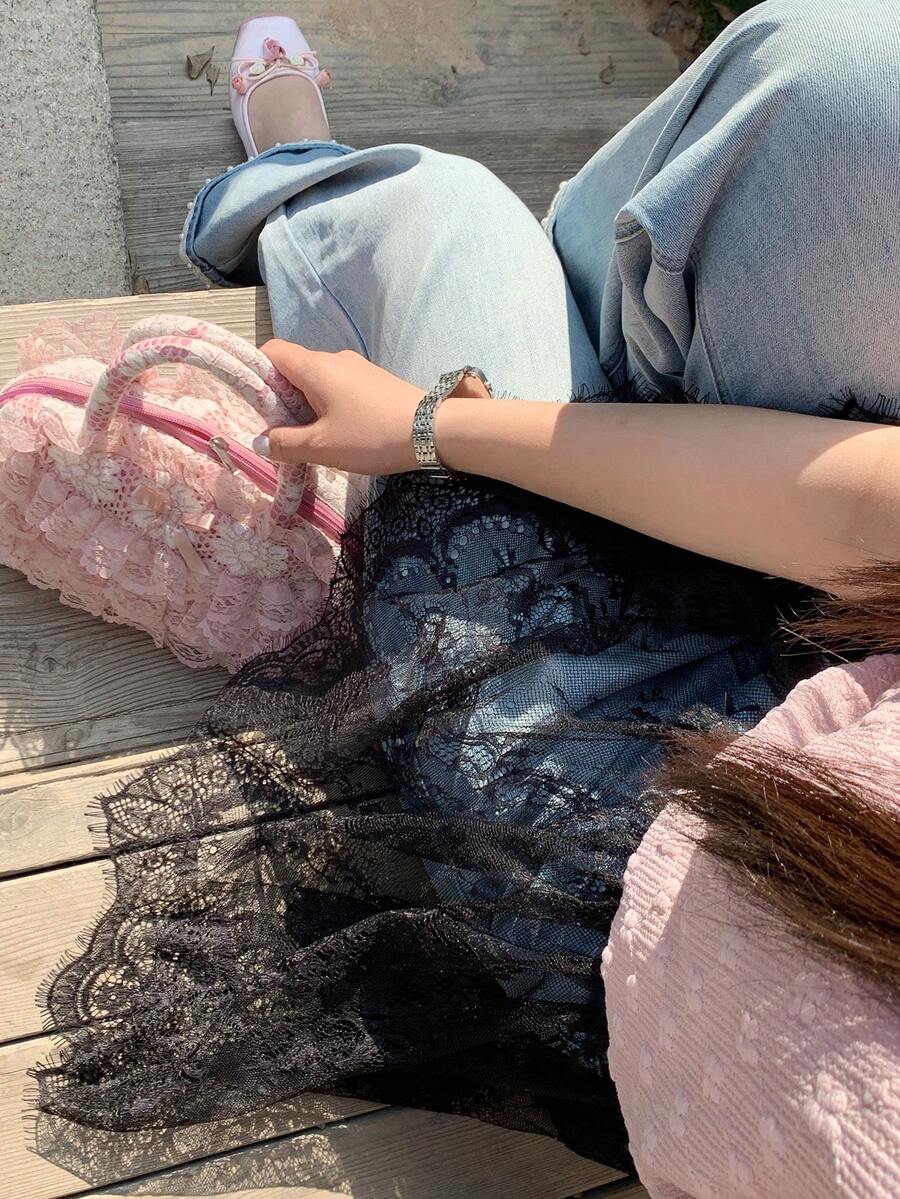 Dazy Plus 弹力腰带蕾丝薄纱层叠迷你裙，百搭黑色休闲女童裙 - 黑色 - 查看 1