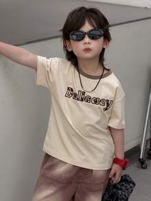 DAZY Young Boy Letter Print Casual Round Neck Short Sleeve T-Shirt - Khaki - View 6