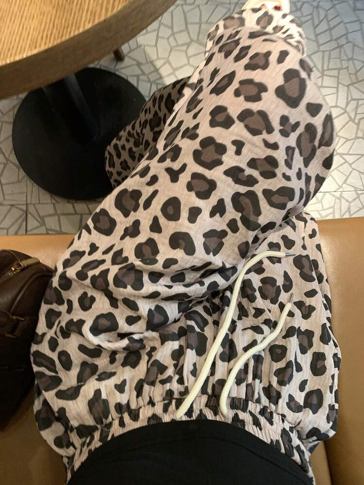 Teen Girl Drawstring Waist Leopard Print Wide Leg Loose Pants