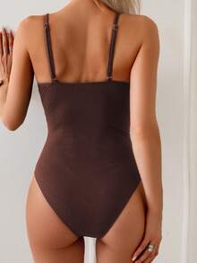 Swim Lushoire Baju Renang Wanita Model One-Piece dengan Hiasan Ruffle di Depan dan Tali Pengikat, Warna Cokelat Tua, Model Musim Panas, Kasual, Baju Renang Pantai untuk Liburan, Bodysuit untuk Wanita - Coklat - View 2