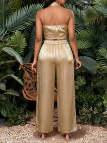 SHEIN Lady 女士优雅派对金属不对称下摆露背上衣和裤子两件套，夏季 - 卡其色 - 查看 2