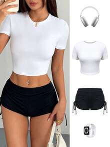 SHEIN Unity تي شيرت رياضي صيفي قصير الأكمام بياقة مستديرة ضيق للنساء بلون أحادي - أبيض - مشاهدة 3
