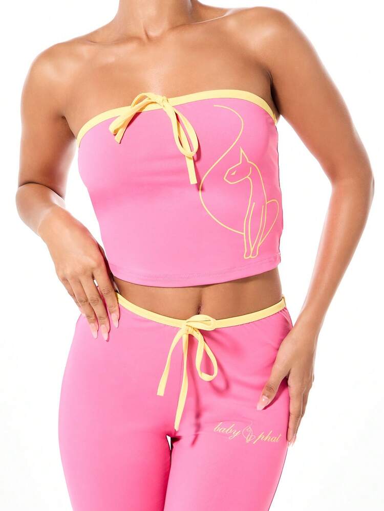 BABYPHAT Women's Strapless Bandeau Jersey Top With Tie Front Detail And Contrast Yellow Trim Casual Crop Top