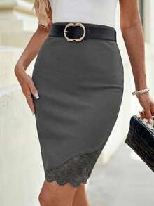 Editum Women's New Fashionable Elegant Lace Patchwork Knee-Length Skirt, Versatile For Daily, Commuting, And Outdoor Occasions Bodycon Trim Gray Pencil - Grey - View 5