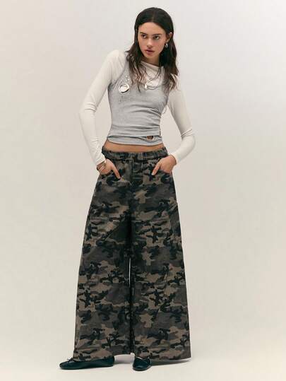 Easelle Vintage Casual Loose Comfortable Lazy Street Camo Pocket Women Pants