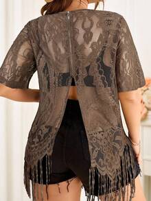 Reflora Top polyvalent et pour le port quotidien, avec design en dentelle et à franges, pour femmes grandes tailles - Tabac - Voir 2