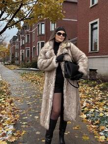 FLORETTA ÉLENA 长款仿毛领大衣，秋冬人造毛皮夹克 - 米色 - 查看 8