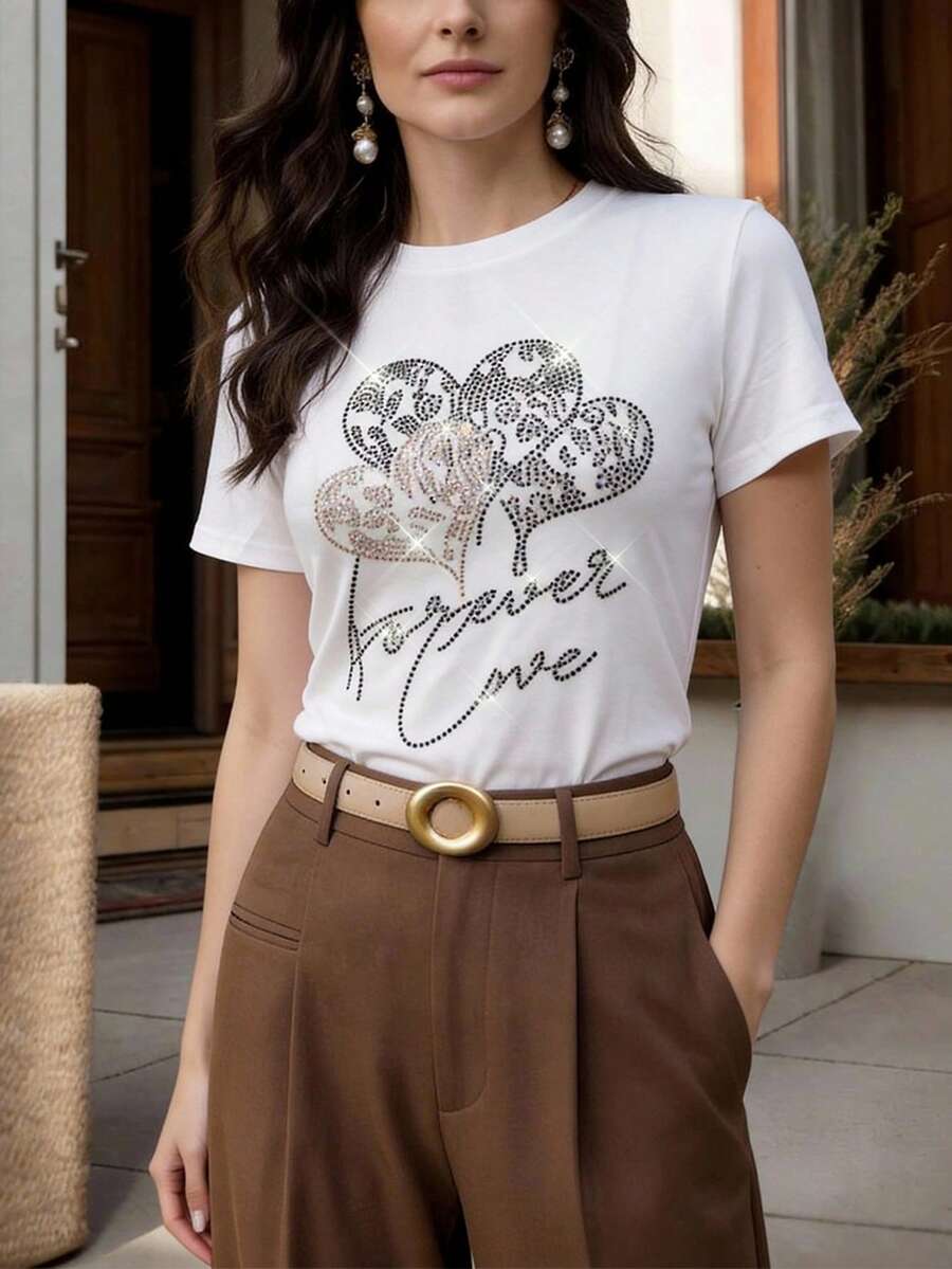 Anewsta Summer Casual Heart & Letter Rhinestone Embellished Short Sleeve T-Shirt - White - View 1
