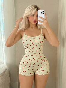 Sweetina Women's Letter & Cherry Print Backless Sexy Bodycon Romper For Party - Light Yellow - View 5