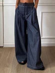 DAZY 女士二合一腰部抽绳系带宽松阔腿牛仔裤，休闲都市风 - 深色水洗藍 - 查看 5