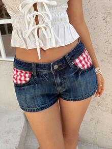 Sunnyshic 低腰时尚格纹撞色水洗牛仔短裤 - 深色水洗藍 - 查看 4