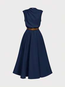 Firerie Kids NovaGlow Tween Girl Tween Girls Casual Chic Commuter Stand Collar Flared Waist Navy Blue A-Line Dress - Navy Blue - View 2