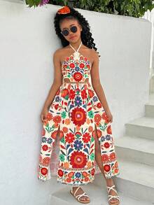 Tween Girl Tropical Print Cap Sleeve Bow Back A-Line Dress - Multicolor - View 3