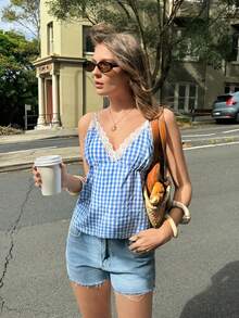 Serisse Women's Lace Patchwork Plaid Print Casual Camisole,Women's Gingham Lace Trim V Neck Cami Top – Summer Sleeveless Spaghetti Strap Tank,Summer,Spring,Festival,Party ,Beach,Wedding ,Graduation,Elegant ,Casual,Vacation,Formal,Business, - Multicolor - View 6