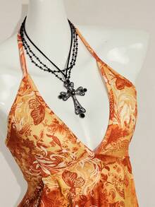 SHEIN ICON Print Asymmetric Hem Fashion Halter Neck Tank Top - Orange - View 7