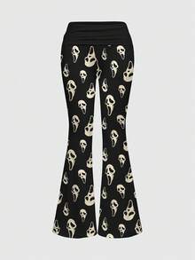 ROMWE Bộ đồ 2 món phong cách Gothic tối màu gồm mặt nạ, áo hai dây gợi cảm, quần ống loe cạp thấp xếp ly dành cho nữ. - màu đen - Xem 7