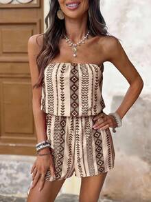 Brillora 女士宽松印花吊带连体裤，适合春夏度假穿着 - 卡其色 - 查看 2