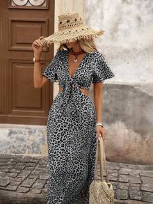 Brillora 女士豹纹镂空短袖修身连衣裙 - 黑與白 - 查看 7