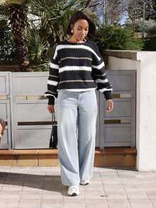 Yess Loren 女士休闲条纹落肩宽松套头长袖毛衣上衣黑色 - 彩色 - 查看 7