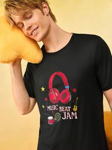 男士圆领字母和耳机印花短袖上衣和裤子休闲家居服套装 - 黑色 - 查看 5