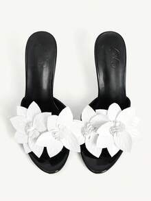CUCCOO CHICEST Women's Elegant Floral Decor High Heel Slide Sandals Elegant Shoes Wedding Shoes - Black - View 2