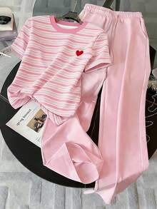 Resyla Striped Digital Print Casual Round Neck T-Shirt Set, Gift For Friends - Dusty Pink - View 3