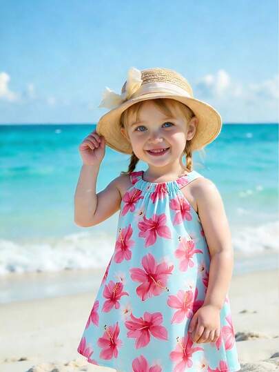 SHEIN Playful Pals Baby GirlTropical Print Colorful Casual Halter Dress