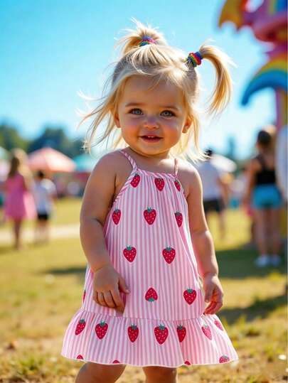 SHEIN Baby Girls' Casual Cute Colorful Striped Print Woven Dress, Summer Korean Style